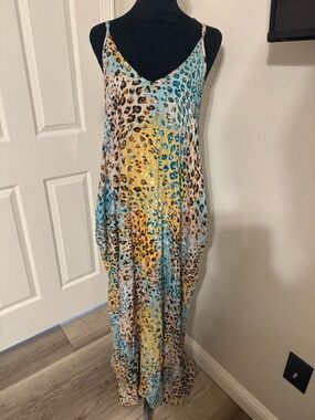 lovestitch Blue & Yellow Leopard-Print Spaghetti Strap Maxi Dress